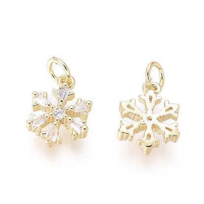 Brass Charms, with Clear Cubic Zirconia and Jump Rings, Snowflake