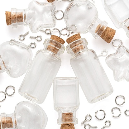 10 botella de vidrio redonda de PC, con tapón de corcho, anillos de salto y pasador de ojo de tornillo de hierro, para bricolaje deseando botella