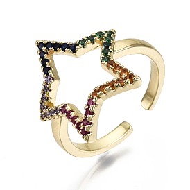Brass Micro Pave Cubic Zirconia Cuff Rings, Open Star Rings, Nickel Free, Colorful