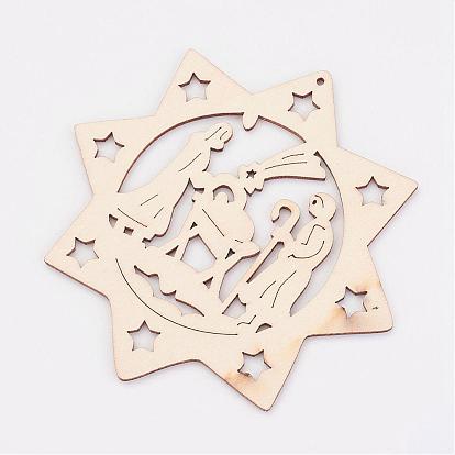 Undyed Wooden Pendant, Eight Pointed Star, For Christmas Theme