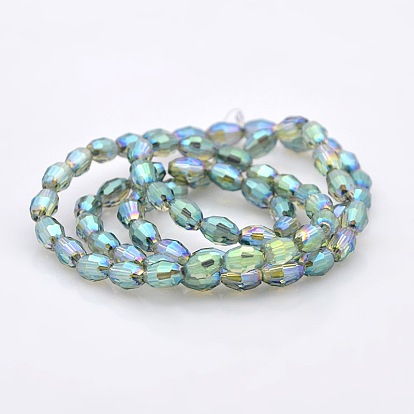 Full Rainbow Plated Glass Faceted Rice Beads Strands, 6x4mm, Hole: 1mm, about 72pcs/strand, 16 inch