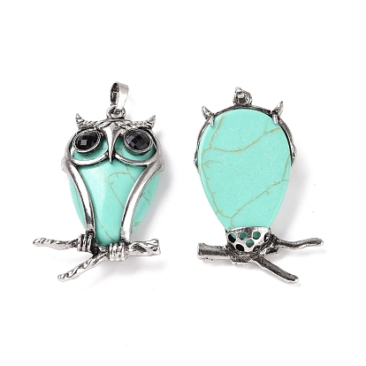 Natural & Synthetic Gemstone Pendants, with Antique Silver Tone Alloy Findings, Cadmium Free & Lead Free, Owl Charm