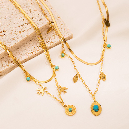 Classic Minimalist Titanium Steel Necklace for Women with 18K Gold Plating and Turquoise Double Layered Design