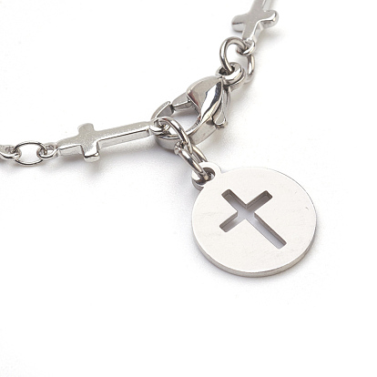 304 Stainless Steel Charm Bracelets, Flat Round with Cross