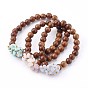 Round Natural Wood Beads Stretch Bracelets Sets, with Natural Blue Lace Agate/Larimar/Kunzite Chip Beads