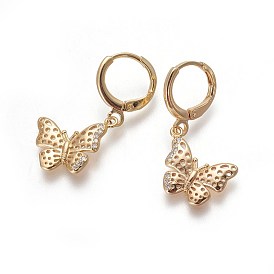 Brass Dangle Hoop Earrings, with Cubic Zirconia, Long-Lasting Plated, Cadmium Free & Nickel Free & Lead Free, Butterfly