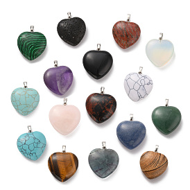 Gemstone Pendants, Heart Charms, with Rack Plating Platinum Tone Brass Snap on Bails