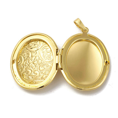 Rack Plating Brass Locket Pendants, Oval with Flower Pattern Charm, Cadmium Free & Lead Free, Long-Lasting Plated