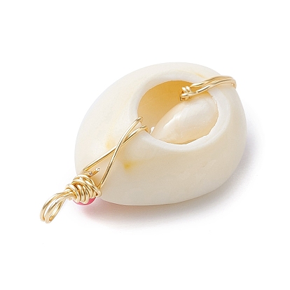 Pendentifs coquille de cauris naturel, avec des perles en verre de graine, Breloques en forme de coquille avec boucles en fil de cuivre doré