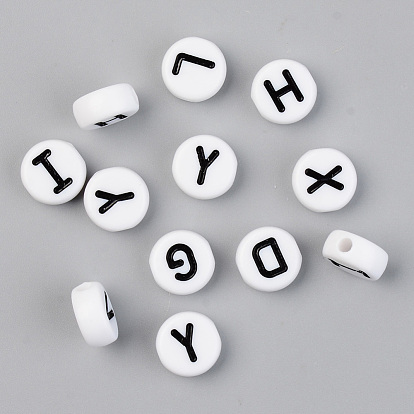 Perles acryliques opaques, avec l'émail, trou horizontal, plat rond avec la lettre initiale