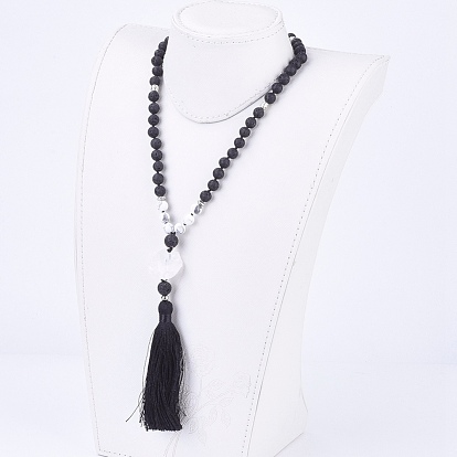 Natural Howlite and Gemstone Beaded Necklaces, with Big Tassel Pendants, Burlap Bags