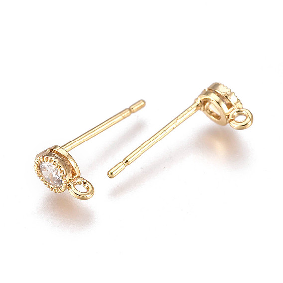 Brass Micro Pave Cubic Zirconia Stud Earring Findings, with Loop, Long-Lasting Plated, Real 18K Gold Plated, Nickel Free, Flat Round