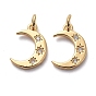 Brass Micro Pave Clear Cubic Zirconia Charms, with Jump Rings, Moon with Star