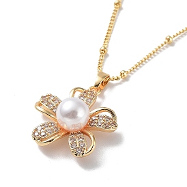 Flower Brass Micro Pave Cubic Zirconia Pendant Necklaces with Plastic Imitation Pearl