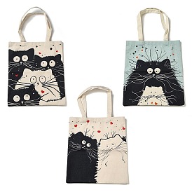 Printed Canvas Women's Tote Bags, with Handle, Shoulder Bags for Shopping, Rectangle with Cat Pattern