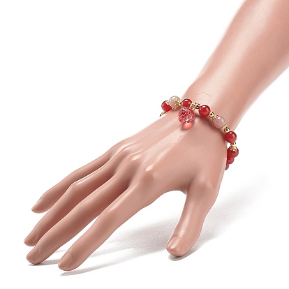 Natural Carnelian(Dyed & Heated) & Strawberry Quartz Beaded Stretch Bracelet with Glass Strawberry Charms for Women