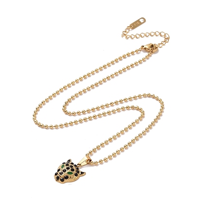 Rhinestone Leopard Pendant Necklace with Enamel, Gold Plated 304 Stainless Steel Jewelry for Women