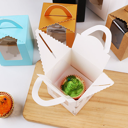 Boîte à gâteau individuelle pliable en papier kraft, boîte d'emballage de petit gâteau unique de boulangerie, rectangle avec fenêtre transparente et poignée