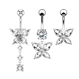 3Pcs 3 Styles Piercing Jewelry, Brass Cubic Zirconia Navel Ring, Belly Rings, with 304 Stainless Steel Bar, Butterfly