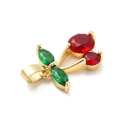 Brass Cubic Zirconia Pendants, with Glass Rhinestone, Cherry Charm, Real 18K Gold Plated