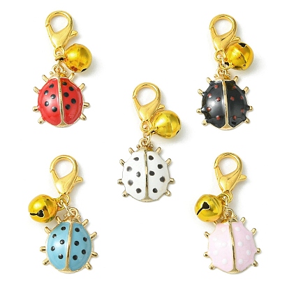 Ladybird Alloy Enamel Pendants Decoraiton, with Bell Charm and Zinc Alloy Lobster Claw Clasps