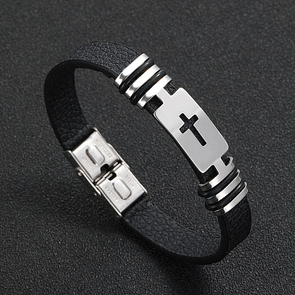 Punk Style Stainless Steel Cross Leather Bracelet - Men's Titanium Steel Bracelet