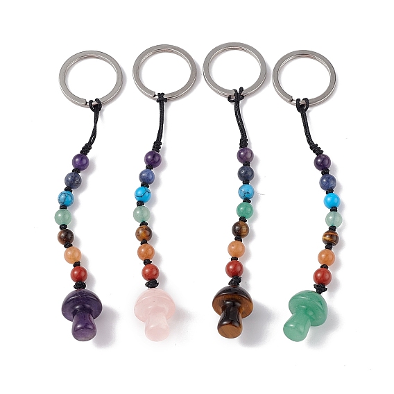 7 Chakra Gemstone Beads Keychain, Mushroom Charm Keychain for Women Men Hanging Car Bag Charms