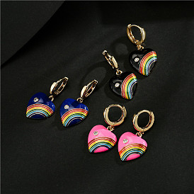 Colorful Geometric Earrings with Rainbow Heart and Zircon Stones