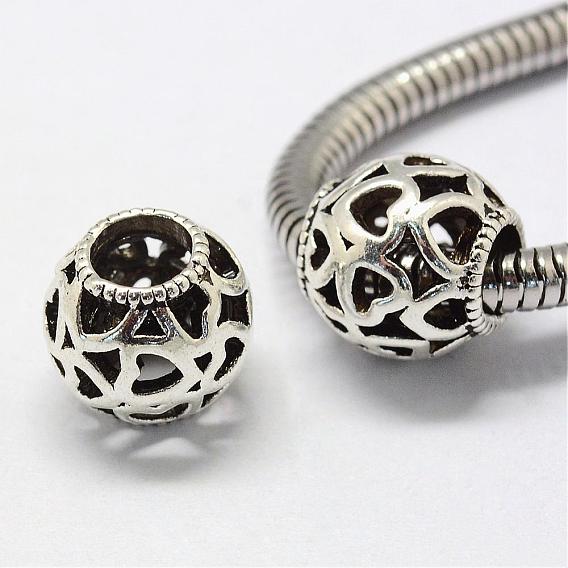 Alloy European Beads, Tibetan Style, Large Hole Beads, Rondelle with Heart, Hollow