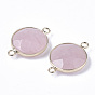 Natural Rose Quartz Links, with Light Gold Plated Edge Brass Loops, Flat Round, Faceted