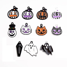 Halloween Theme Alloy Enamel Pendants, Cat Ghost Tomb Skull Pumpkin Charms