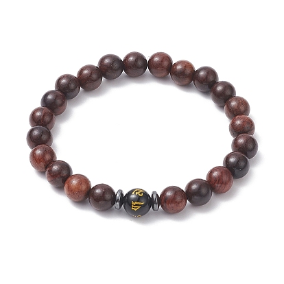 Bracelet de perles om mani padme hum mala, Bracelet extensible en obsidienne naturelle et hématite synthétique et bois pour femme