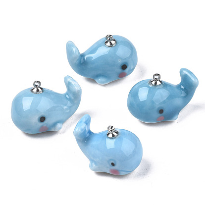 Handmade Porcelain Pendants, with Platinum Plated Brass Findings, Famille Rose Style, Whale
