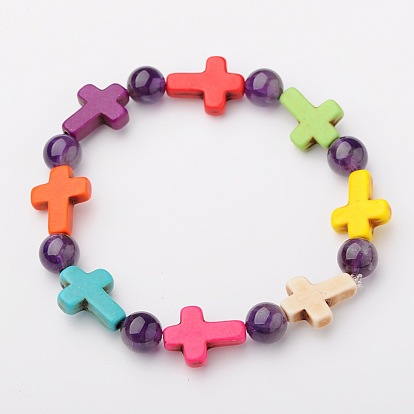 Gemstone Round Beads Stretch Bracelets, with Colorful Synthetic Howlite Cross Beads, 57mm