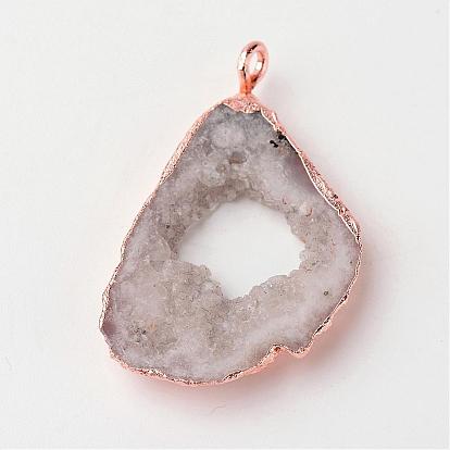Natural Geode Agate Druzy Slice Pendants, Nuggets, with Brass Findings, 18~48x28~70x6~9mm, Hole: 2mm