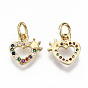 Brass Micro Pave Colorful Cubic Zirconia Charms, with Jump Rings, Nickel Free, Heart with Crown