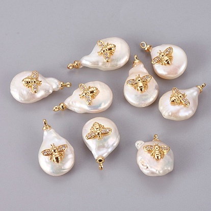 Natural Cultured Freshwater Pearl Pendants, with Brass Cubic Zirconia Cabochons, Long-Lasting Plated, Nuggets with Bees