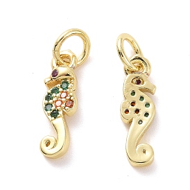 Brass Micro Pave Cubic Zirconia Charms, with Jump Ring, Real 18K Gold Plated, Sea Horse Shape
