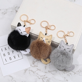 Faux Fur Cat Pendant Keychain, Cute Kitten Golden Tone Alloy Key Ring Ornament