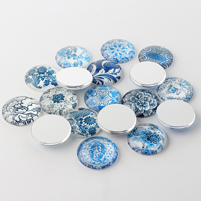 Blue and White Printed Glass Cabochons, Half Round/Dome