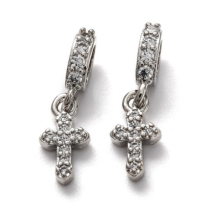 Brass Micro Pave Clear Cubic Zirconia European Dangle Charms, Large Hole Pendants, Long-Lasting Plated, Cross