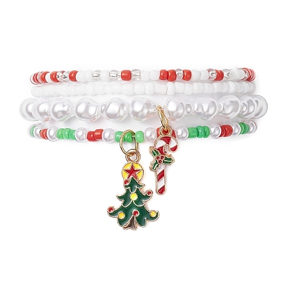 4шт 4 стильные стеклянные браслеты с жемчугом и бусинами стрейч набор, Рождественская елка и леденец из сплава эмали подвески штабелируемые браслеты для женщин