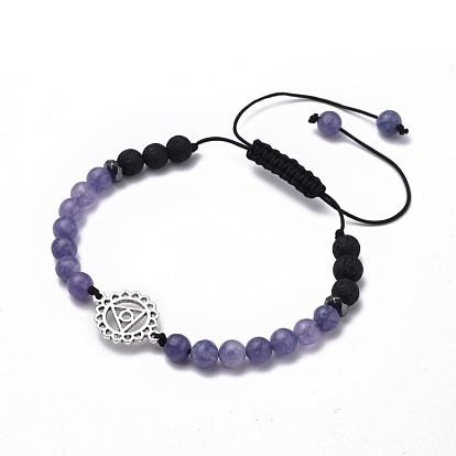 Chakra bijoux, ensembles réglables de bracelets de perles tressés de fil de nylon, avec pierres précieuses naturelles et perles de pierre de lave synthétiques, perles d'hématite synthétiques non magnétiques et maillons en alliage