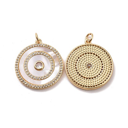 Flat Round Brass Micro Pave Clear Cubic Zirconia Pendants, with Jump Rings, Cadmium Free & Lead Free, Real 18K Gold Plated