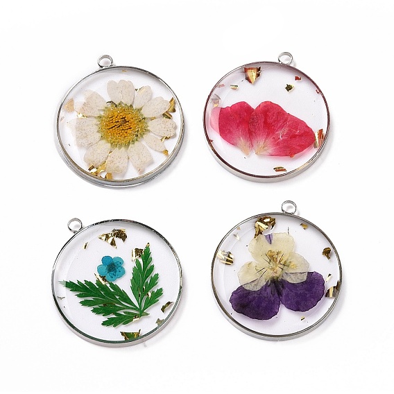 Transparent Clear Epoxy Resin Pendants, with Edge Platinum Plated Brass Loops and Gold Foil, Flat Round Charms with Inner Flower