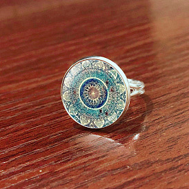 Glass Mandala Flower Finger Ring, Platinum Brass Flat Round Signet Ring for Women