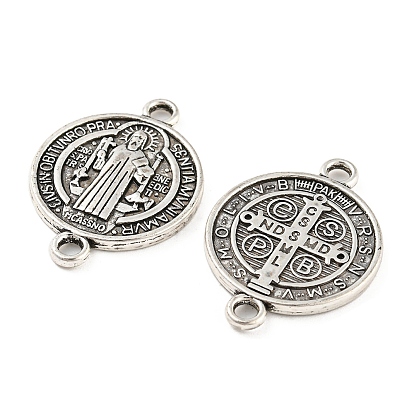 Tibetan Style Alloy Connector Charms, Cadmium Free & Lead Free, Religion Flat Round Links with Cross