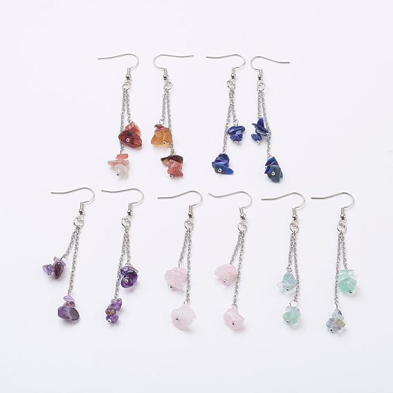 Natural Gemstone Chip Dangle Earrings, with 316 Surgical Stainless Steel Cable Chains and Brass Earring Hooks