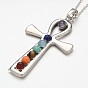 Platinum Plated Vintage Chakra Jewelry Brass Gemstone Cross Pendant Necklaces, with Cable Chains, 18 inch 