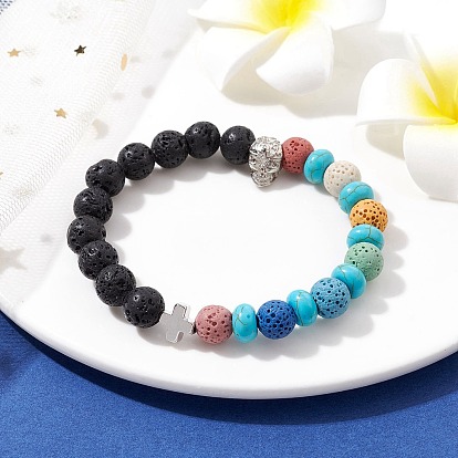 Bracelets extensibles en pierre de lave naturelle et perles turquoise synthétiques, bracelet tête de mort croix en laiton pour femme